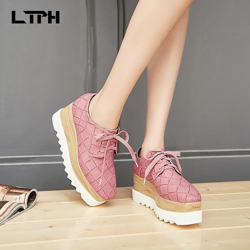 

LPTH 2020 Autumn new arrival Increase high heel low-top Solid color Check Lace-Up muffin platform Comfortable casual women shoes