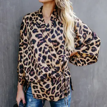 

Fashion Women Leopard Print Drawstring Chiffon Cardigan Batwing Sleeve Coat