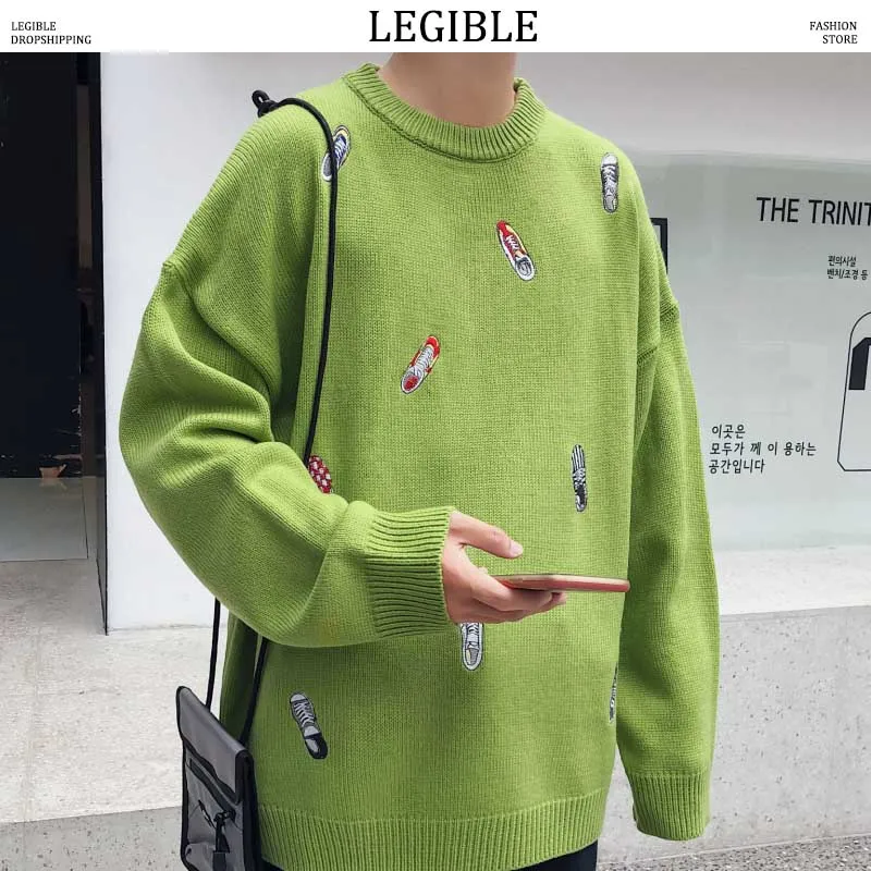 

LEGIBLE 2019 New Autumn Winter Hip Hop Embroidery Sweater Men Casual Loose Mens Sweaters O-Neck Knitting Pullovers Men