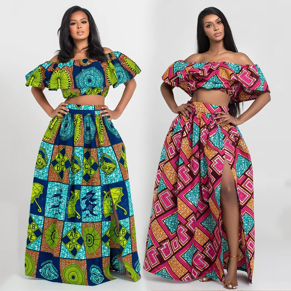 

MD 2020 New African Print 2 Pieces Set Ankara Style Dashiki Tops And Skirt Elegant Ladies Clothing Wedding Party Skirts Suit