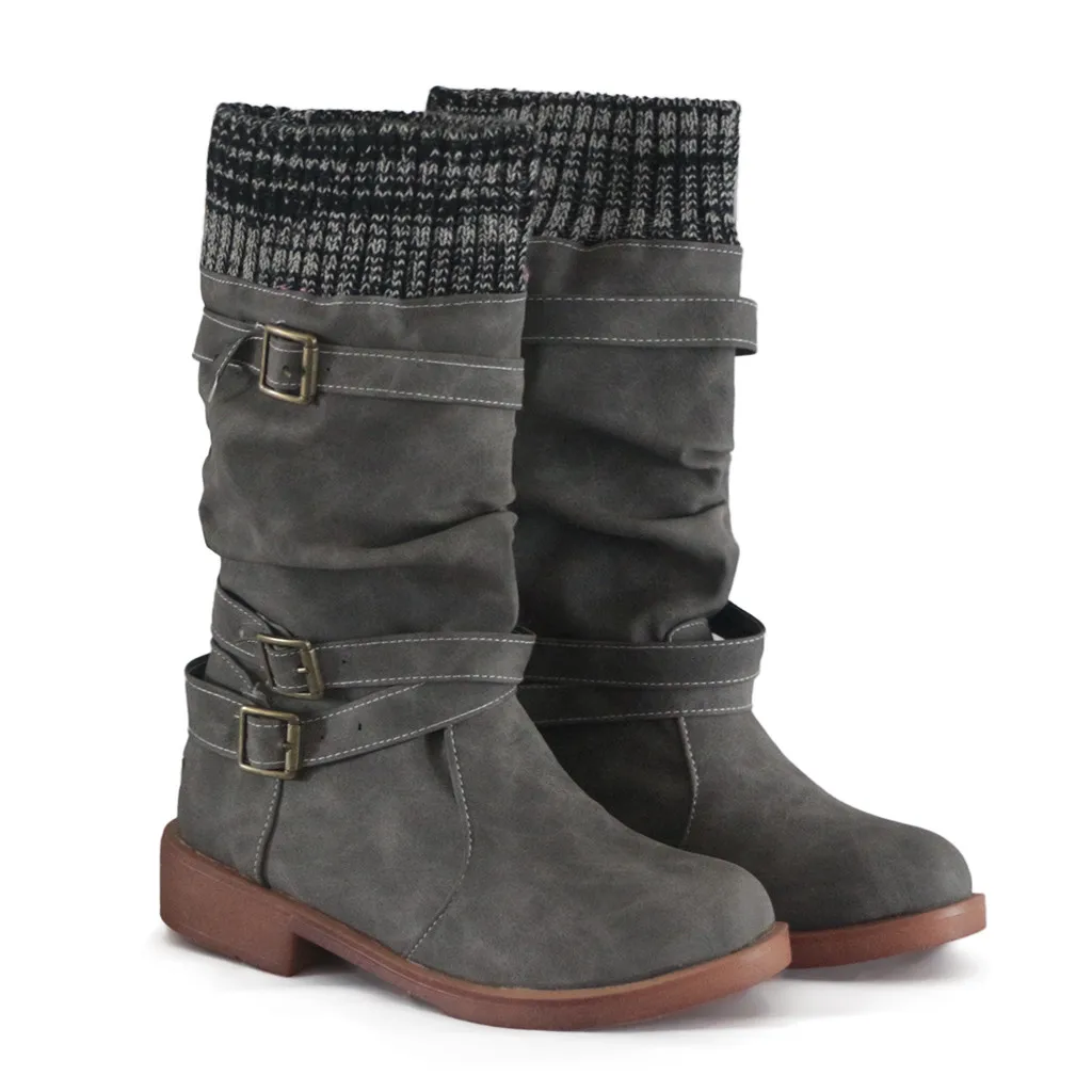 

Womens Boots Fashion Classic Flats Round Toe Low-heeled Buckle Strap Western Middle Tube Boots Female Shoes zapatos de mujer#30