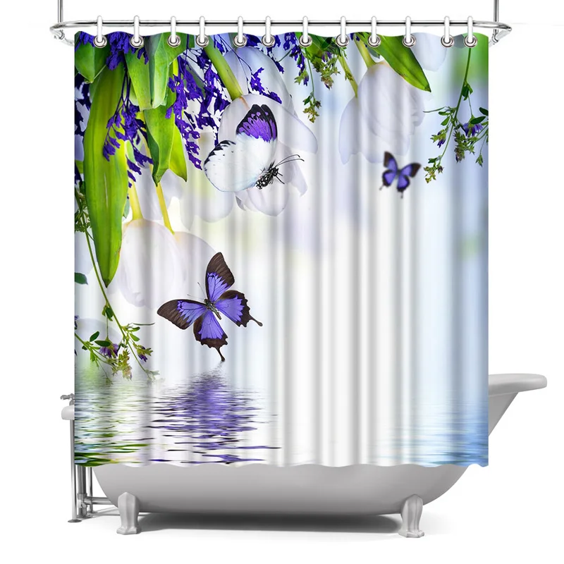 

Photo Custom Shower Curtain Butterfly In Flower Waterproof Polyester Fabric Bath Curtain for Bathroom Decor with Hooks 180x180cm