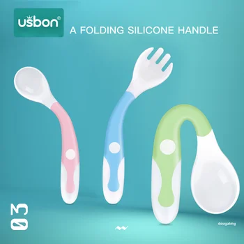 

Usbon 2Pcs Bendable Baby Spoon Fork Set Toddler Infant Learning Tableware Flatware Utensils Kids Cutlery with Storage Box