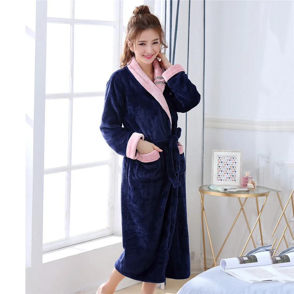 

Navy Blue Thicken Female Kimono Robe Gown For Ladies With Belt V-neck Long Sleeve Bathrobe Sleepwear Padded Coral Fleece Clothes