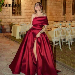 Sumnus Red Satin Evening Party Prom Dress Women One Shoulder Long Beaded Sleeve Front Skirt Slit Formal Night Gown with Pocket
