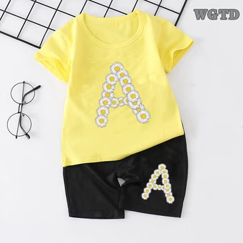 

Kids Infant Clothing Outfits Summer Tshirt+shorts Sports Pants Children Set English Alphabet Daisy Flower Children's T-shirt