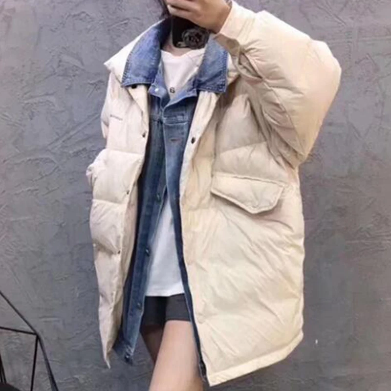 

Down Jacket Women's Long Section 2020 Winter New Models Korean Version of Loose Thicken Fashion Denim Stitching Jacket s539