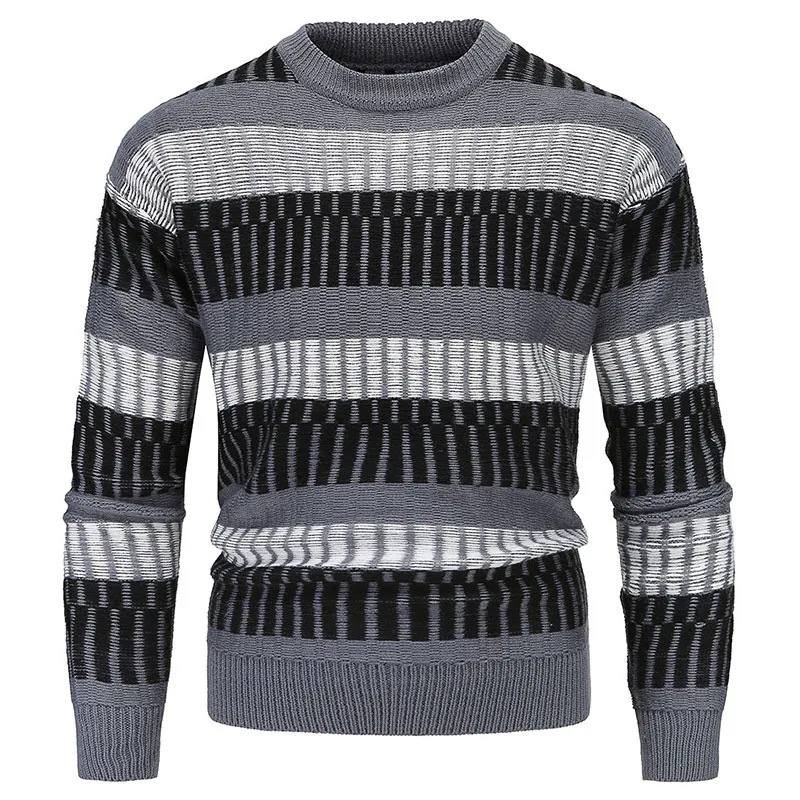 

New Men Pullover Sweater Autumn Stand Collar Loose Knitwear Sweater Men Winter Striped Streetwear Sweater