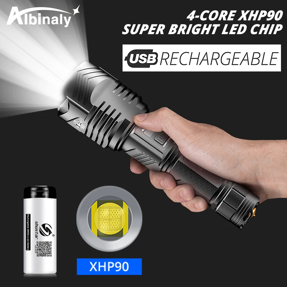 Супер яркий светодиодный фонарик с 4 ядрами XHP90 и умным чипом водонепроницаемый с нижней наружной защитой молоток от батареи 26650