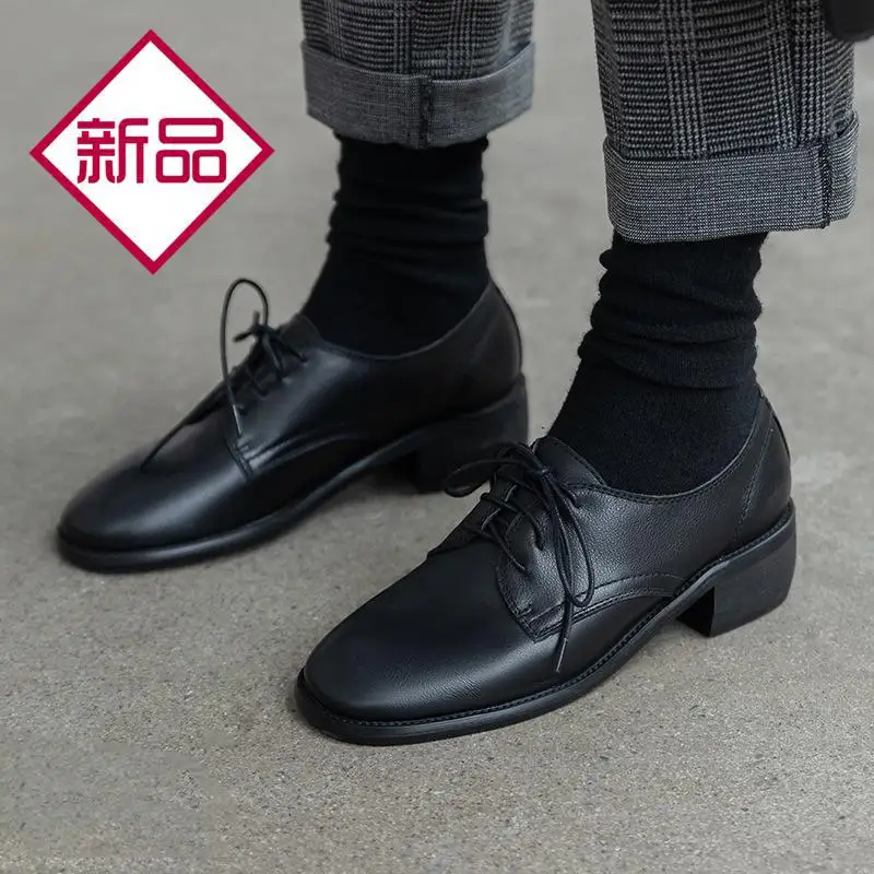 

2020 Spring New Style Semi-high Heeled Square Head Leather Shoes Women's Cowhide Chunky-Heel Lace-up Casual Shoes White