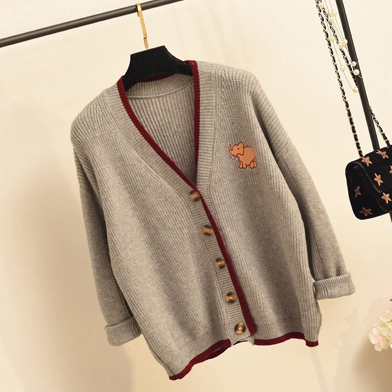see chart new Korean version loose elephant embroidery knitted cardigan women's college wind net red sweater lazy wind coat trend - Цвет: see chart
