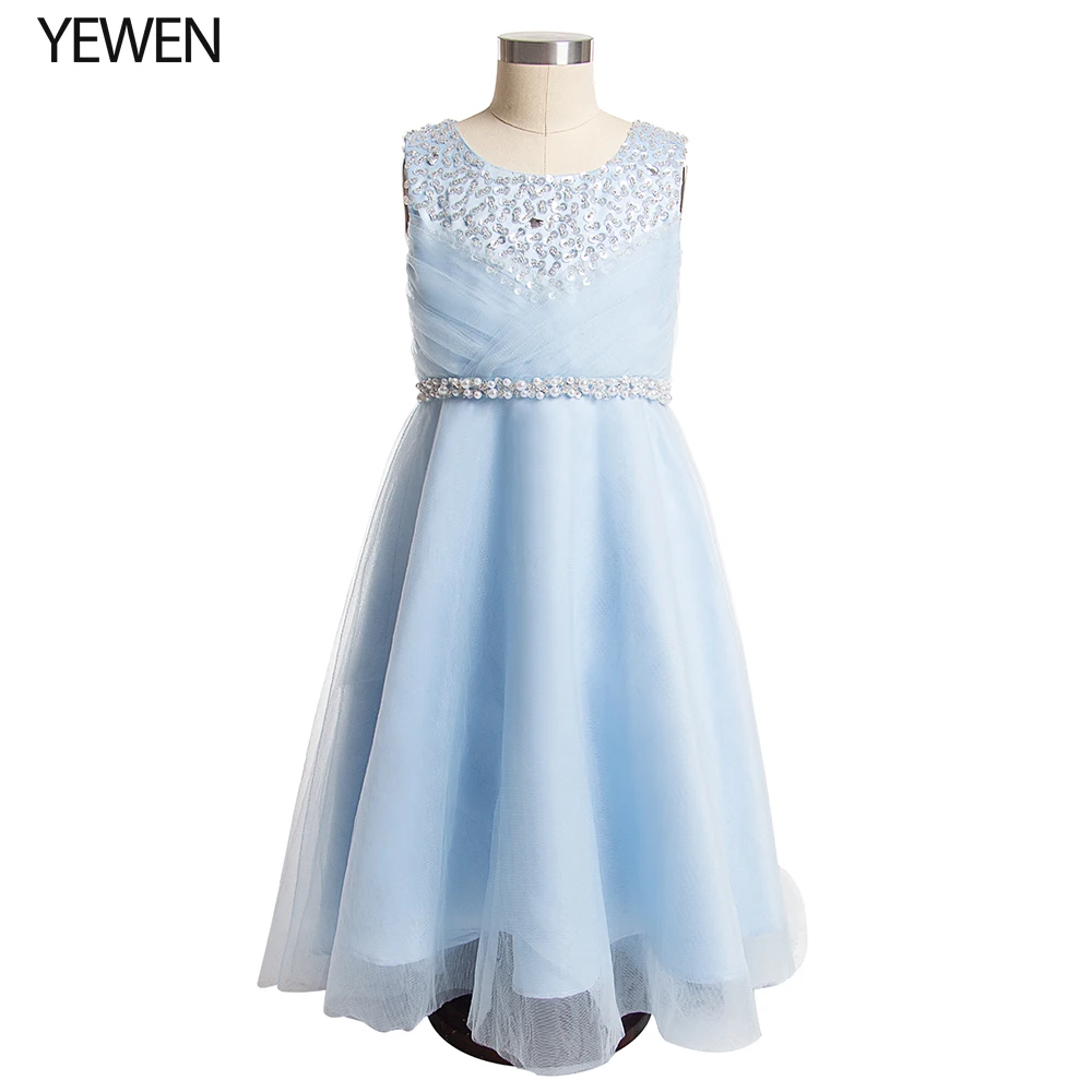 

Kids Flower Girl Dresses 2020 A line Bow Belt Tulle Communion Gown Blue Little Bride Dress Sleeveless Wedding Party Dress