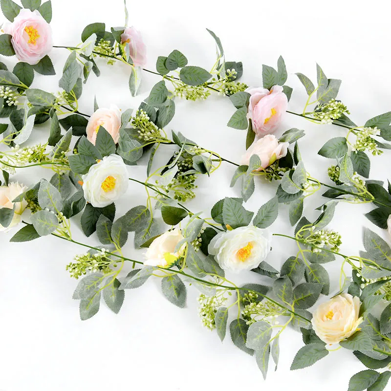 2m Artificial Flower Rose Ivy Vine Silk Eucalyptus Leaves Flower Garland Rattan For Home Garden Hanging Decor Wedding Party Arch