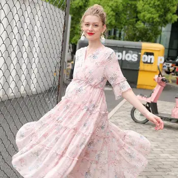 

Pregnant Women's Elegant Dress Spring Summer Flower Printed Dress For Holiday Nursing Chiffon Long Cake Dresses Pregnancy Gown