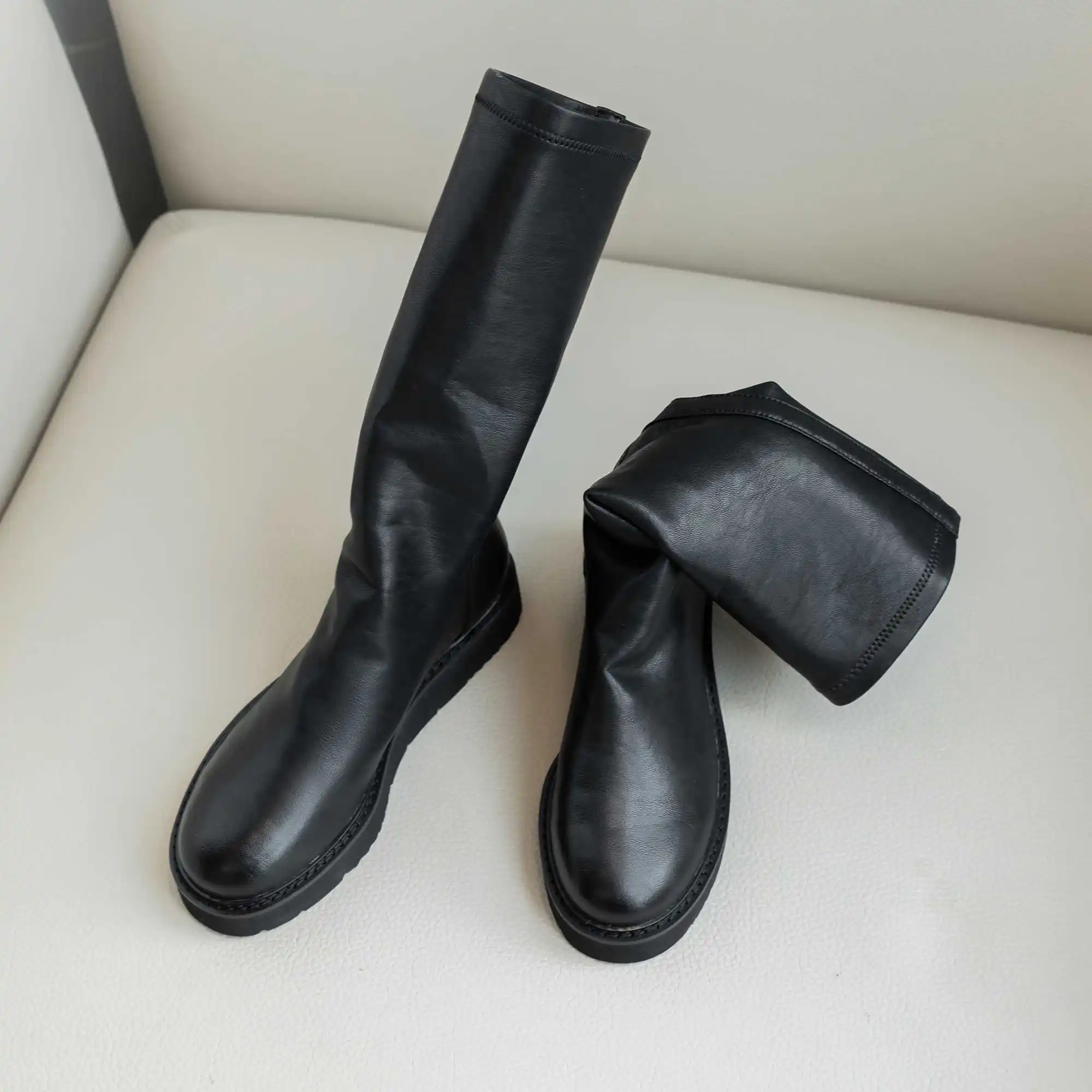 Krazing Pot Internet star streetwear stretch boots round toe med heels black colors daily wear women warm thigh high boots L9f2