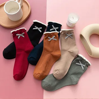 

Sweet Bowknot Woman Sock Lace Socks for Women Solid Color Style Ladies High Standard Female Cotton Trendy Spring Autumn Sokken