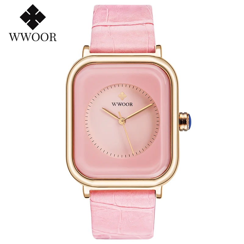 WWOOR Rectangle Watches For Women Fashion Pink Ladies Watch 2023 Top Brand Luxury Geneva Design Quartz Leather Girls Wrist Watch