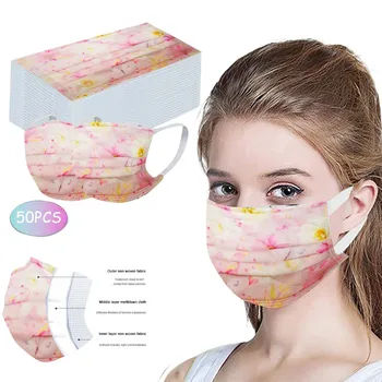 

50 Pcs Disposable Face Mask Floral Print Non-Woven 3 Layer Face Masks For Germ Protection For Adults Mascarillas Flag Bandana