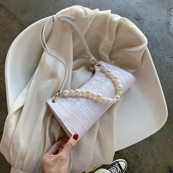 

Pearl Handle Female Shoulder Messenger Bag Stone Pattern PU Leather Crossbody Bags for Women Solid Color Ladies' Travel Flap Bag