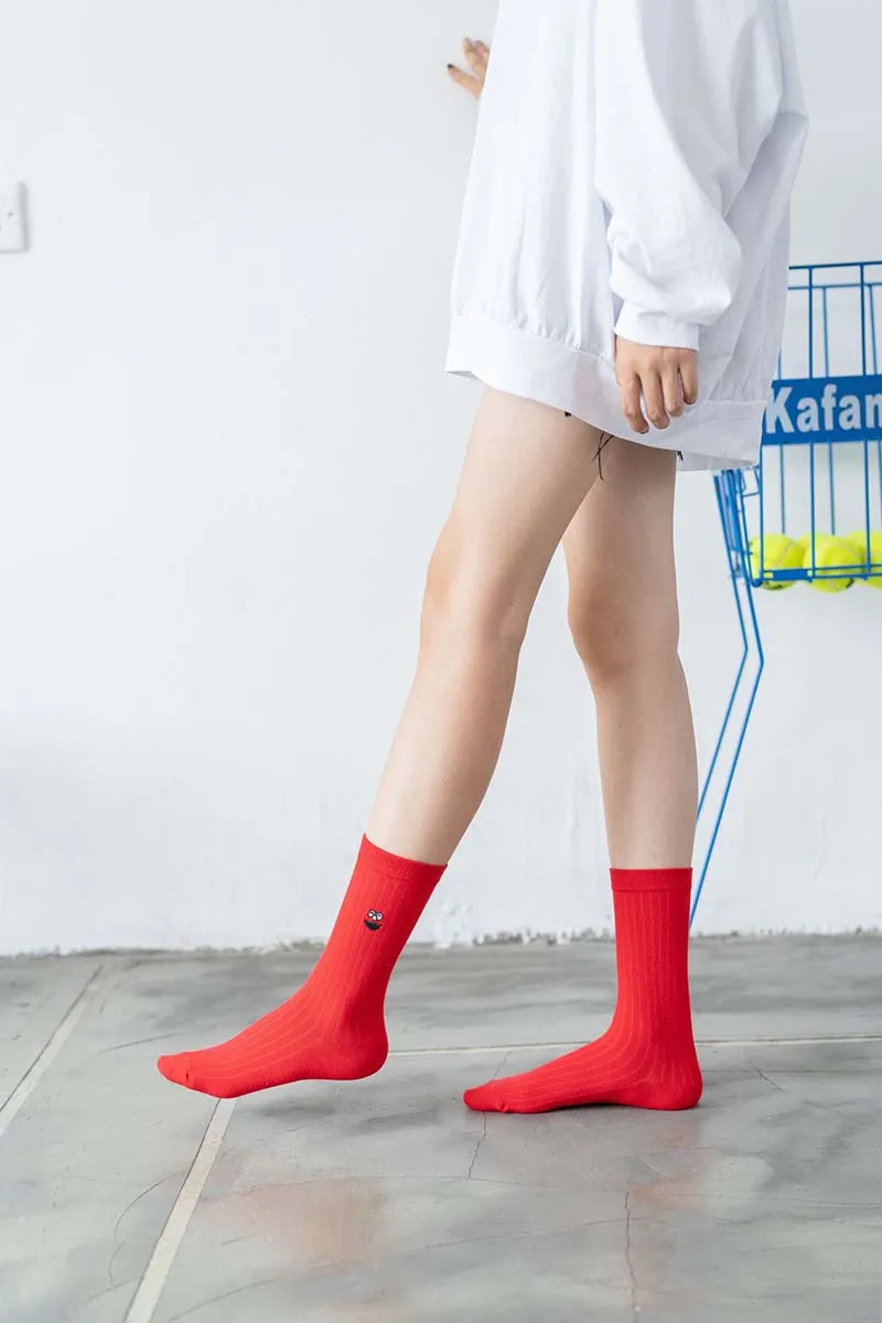 [WPLOIKJD]Candy Color Autumn Winter Socks New Product Embroidery Cute Expression Cotton Women Socks Harajuku Sokken Skarpetki