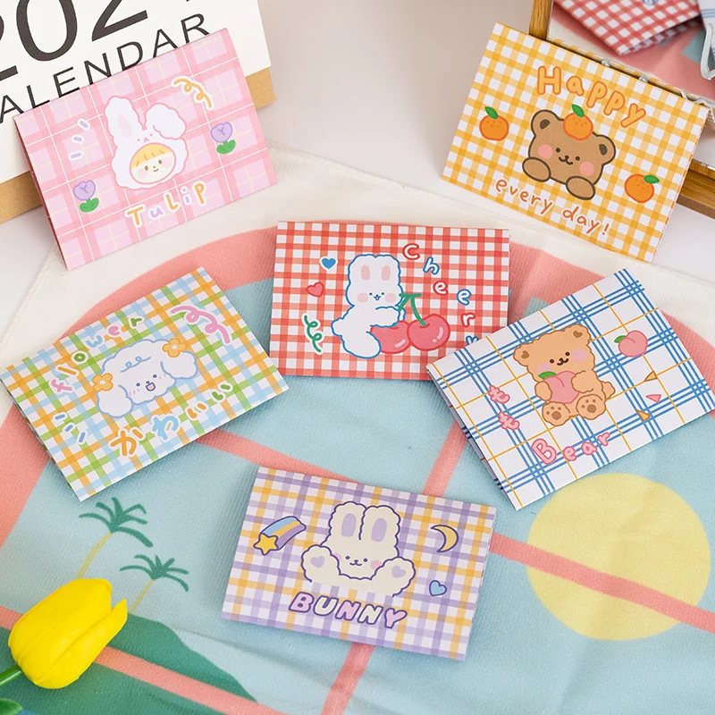 10pcs Cartoon Cute Plaid Bear Bunny Envelope Foldable Message Card Birthday Wishes Card Greeting Card Small Stationery Gift