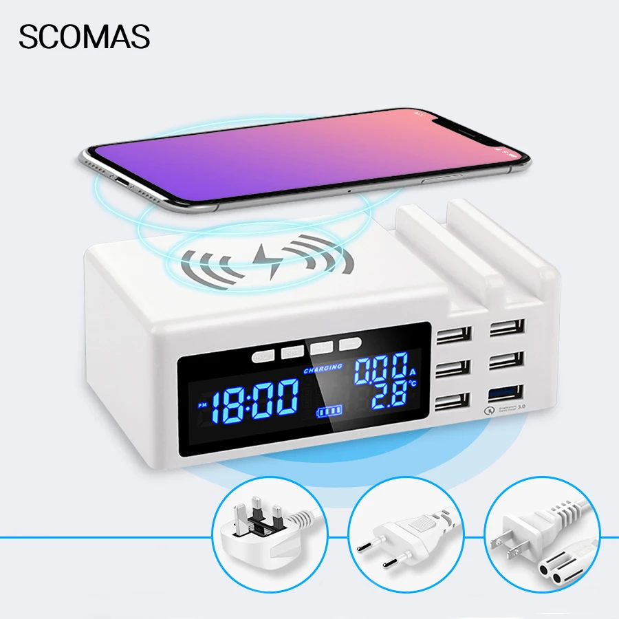 SCOMAS Qi Беспроводное USB зарядное устройство 48 Вт светодиодный дисплей Быстрая зарядка 3,0 быстрая Зарядная Станция 6 портов для Iphone samsung huawei Xiaomi
