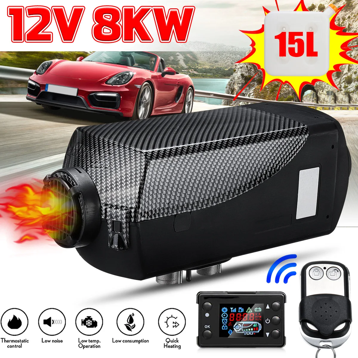 

12V 8KW 8000W Car Heater Air Fuel Diesel Heater LCD Monitor Switch 2 Air Outlet 15L Tank Car Heater for RV Truck Boats Motorhome