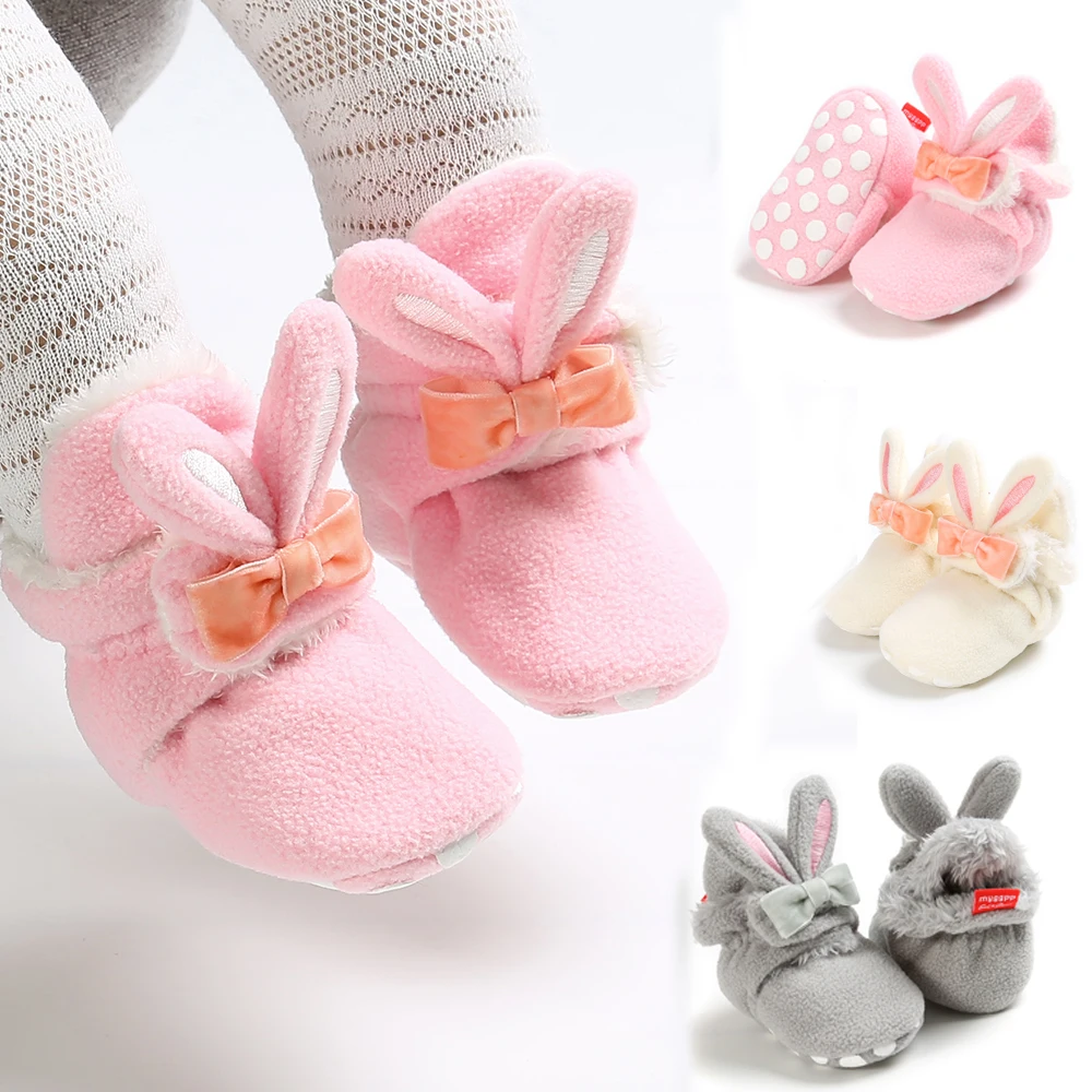 Детская зимняя теплая обувь для маленьких девочек и мальчиков; мягкая зимняя обувь с бантиком и пушистым кроликом для малышей; ботиночки для детей 0-18 месяцев