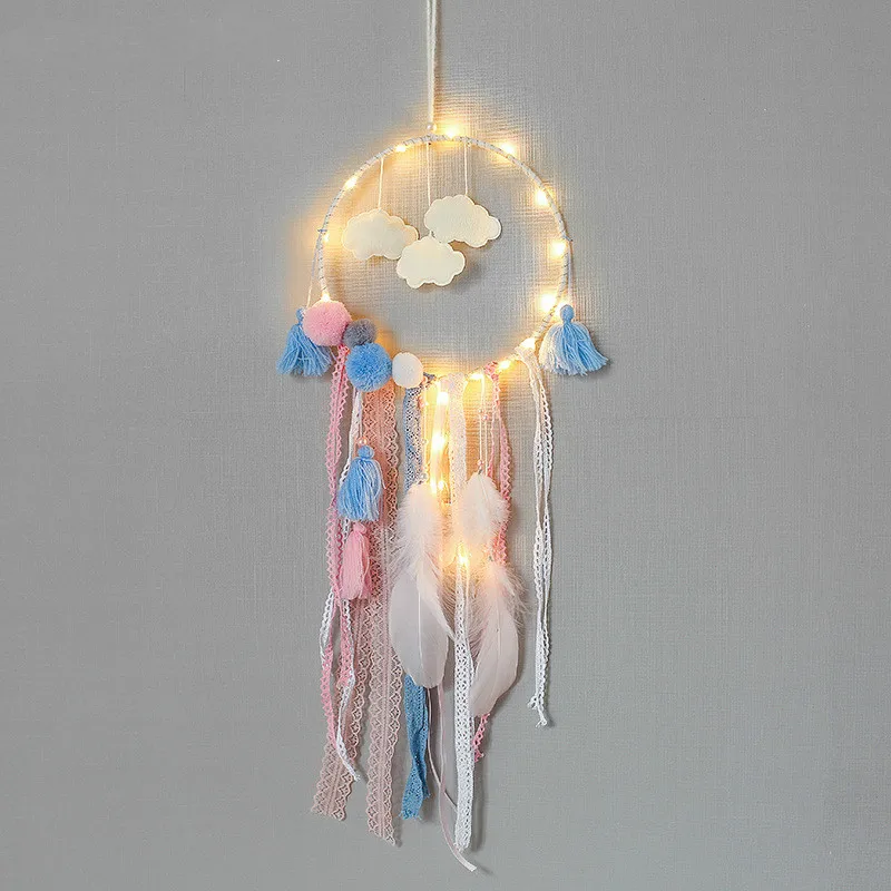 Creative Gift Home Decor White Feather Wind Chimes with Light strings Indian Style Religious Mascot Car Wall Decoration pf92503
