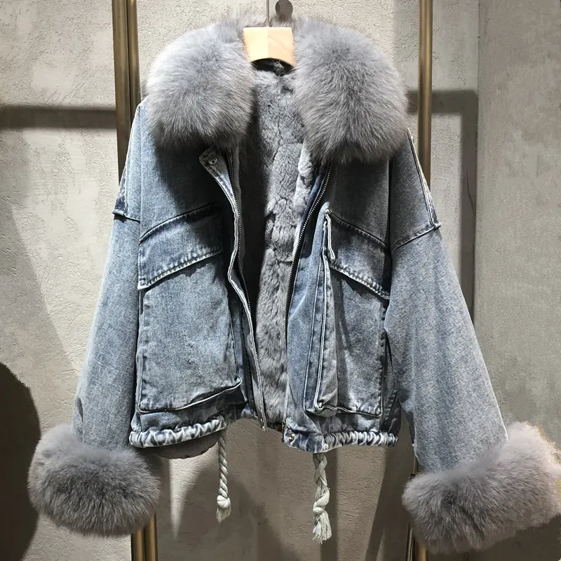 Женский настоящий пуховик с мехом лисы зимняя теплая джинсовая куртка Рекс подкладка из кроличьего меха 12 цветов - Цвет: Gray-Light Denim