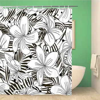 

Bathroom Shower Curtain Leaf Tropical Palm Trees and Flowers Abstract Black White Polyester Fabric 72x78 inches Waterproof Bath