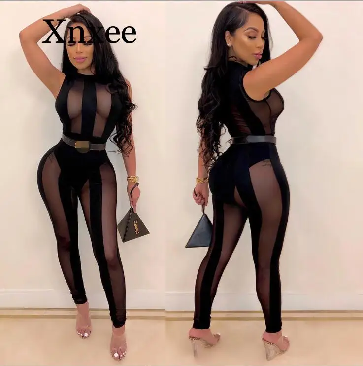 

Seduction Beltless Mesh Sheer Sexy Cut Out Jumpsuits Bodycon 2020 Long Sleeve Party Club Rompers Womens Jumpsuit Black Overalls