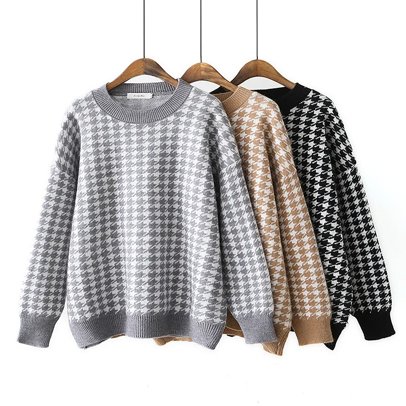 

Geometric Knitted Women's Sweater Clothing Warm Casual Loose Pullover Sweater Houndstooth Sweater 4XL