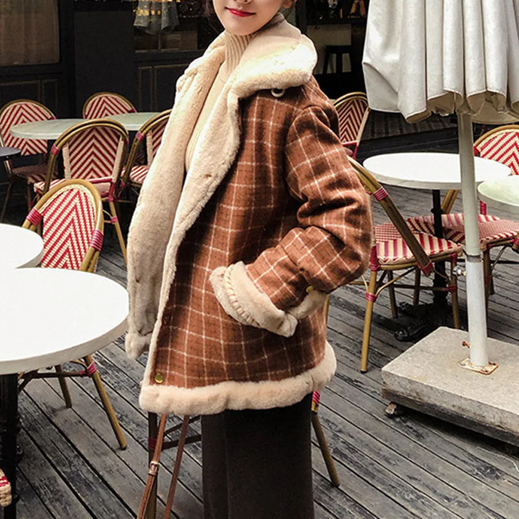 Womail Fashion теплая зимняя утепленная плюшевая куртка Для женщин женская клетчатая одежда со вставками, одежда для детей Верхняя одежда; Пальто Ретро Femme плюшевая куртка для девочек, пальто