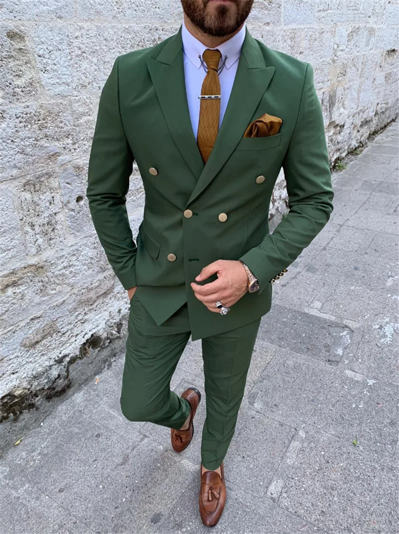 Green Hand Made Men's Suits Set 2 Pcs Slim Fit Casual Business Groomsmen Lapel Tuxedos for Wedding Formal Dress (Jacket Pants ) sport coat