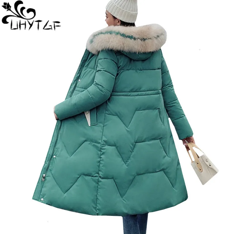 

UHYTGF Fur collar winter down jacket Parker womens Hooded Slim windproof warm long coat Thicken Snow Plus size cotton jacket 783