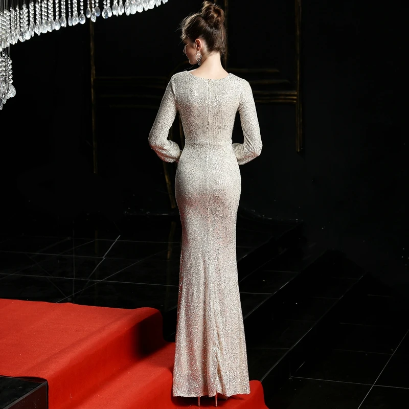 YIDINGZS вечерние платья с разрезом и блестками элегантное вечернее платье с длинным рукавом YD16678
