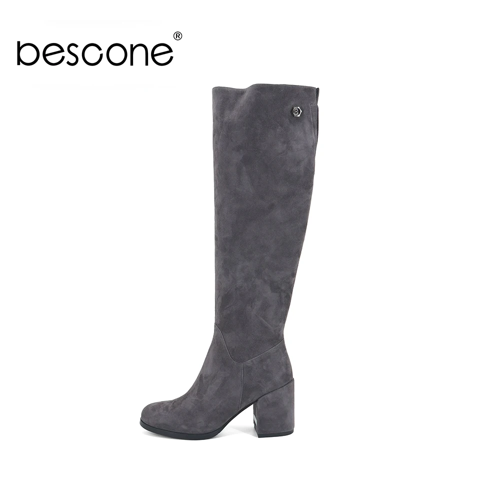 

BESCONE Round Toe Boots Women Stylish Zipper Handmade Square Heel Shoes Winter New Comfortable 8 cm High Heel Ladies Boots BC200
