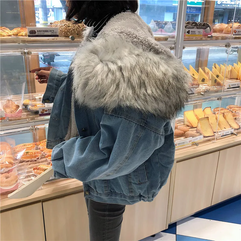 

Photo Shoot 2019 Lambs Wool Coat New Style Korean-style Loose Cotton Coat Brushed And Thick Jeans Coat Women's Winter