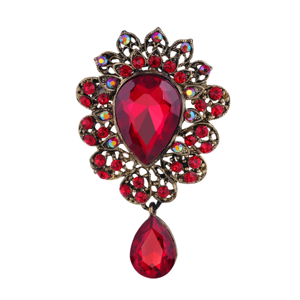 Wedding Bouquet Dangle Teardrop Red Crystal Rhinestone Brooch Pin Broach