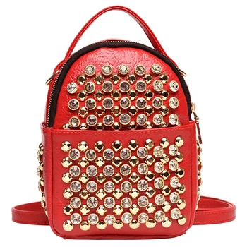 

Multifunctional Small Backpack Ladies Fashion Rivet Travel Bag Mini Diamond Pu Leather Backpack