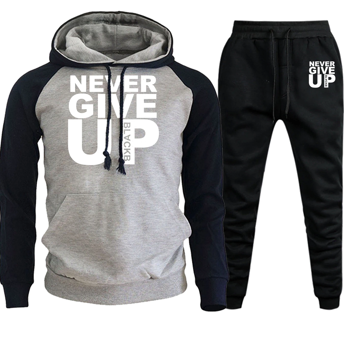 Never Give Up, мужские толстовки с капюшоном реглан, модная спортивная одежда, осенне-зимний Повседневный флисовый костюм, мужской Забавный костюм с капюшоном+ штаны, комплект из 2 предметов