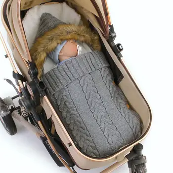 

Fur Collar Sleeping Bags Baby Swaddling Stroller Wrap Winter Warm Sleeping Bags Infant Button Knit Swaddle Wrap Toddler Blanket