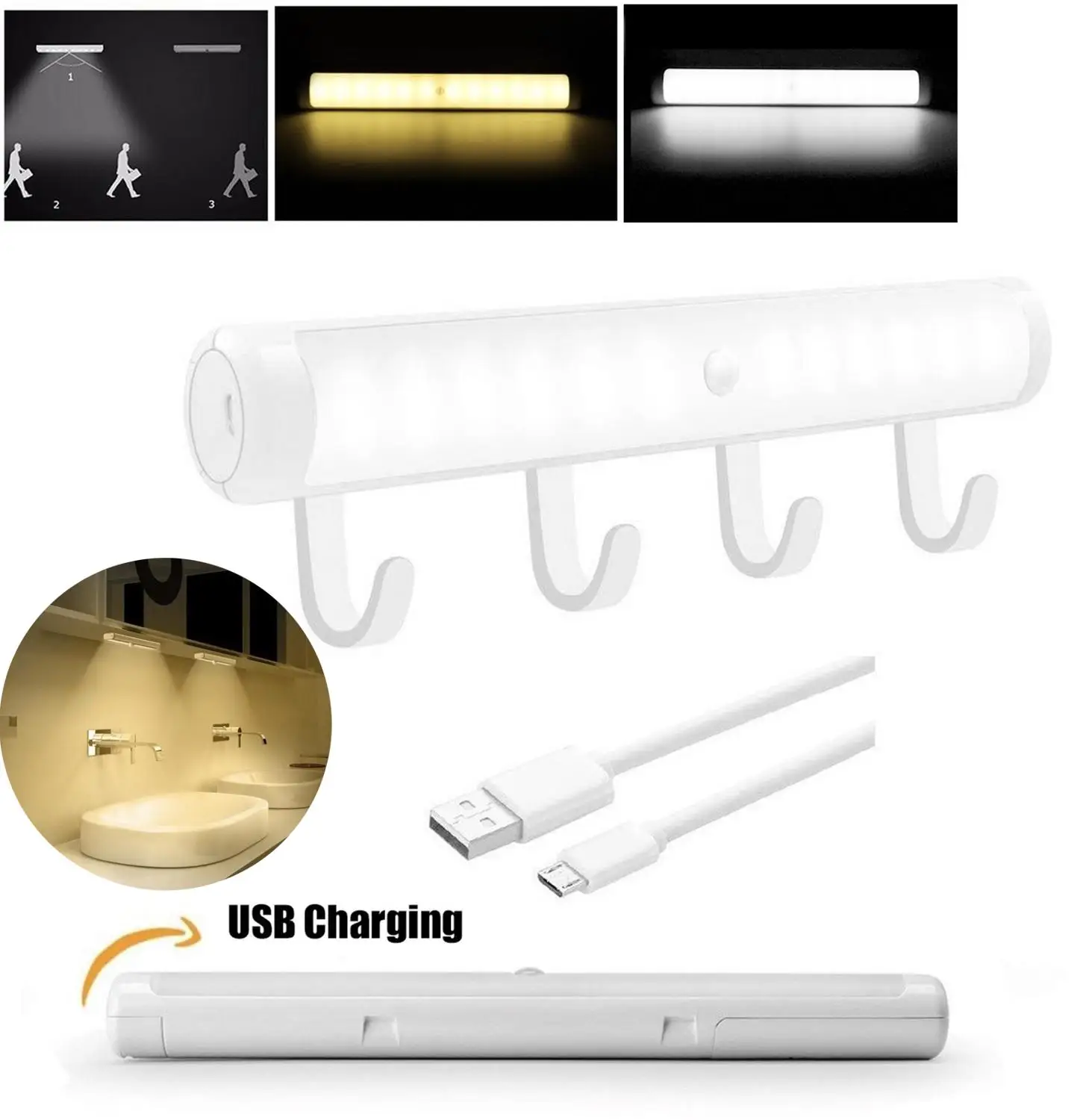 

PIR Motion Sensor USB Rechargeable LED Closet Light Under Cabinet Wardrobe Night Light Safety Lamp with Hook Dorm White Lamp