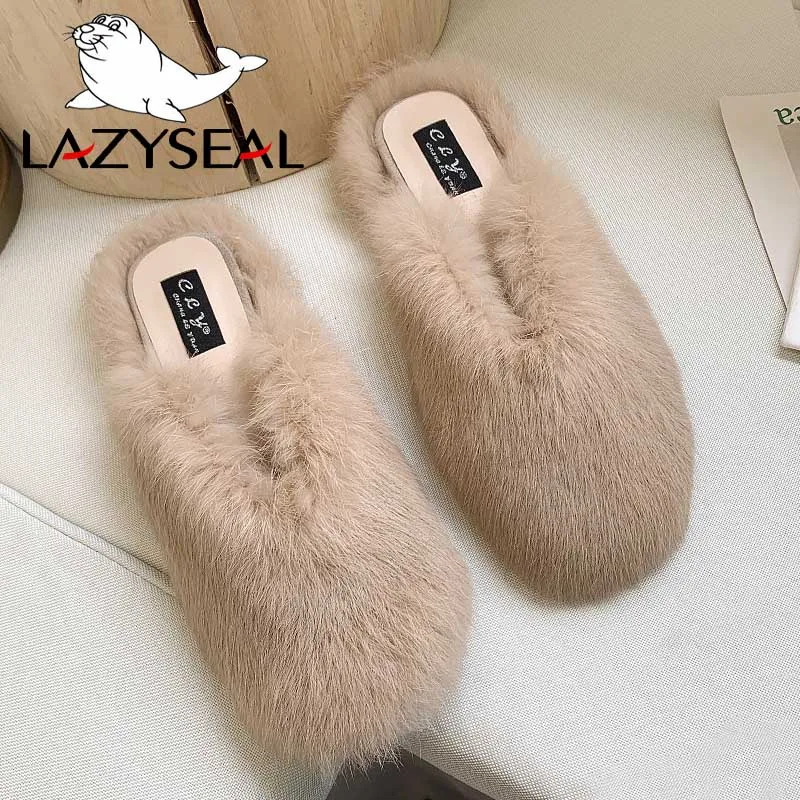 LazySeal/Теплые Зимние Повседневные тапочки с натуральным животным мехом; женская обувь; женские шлепанцы; меховые пушистые тапочки; женская теплая обувь - Цвет: Khaki
