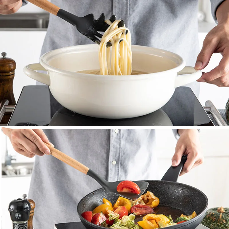 Silicone Cooking Utensils Kitchen Utensil Set Nonstick Cookware Wooden Handles Cooking Tools Turner Tongs Spatula Spoon TB Sale