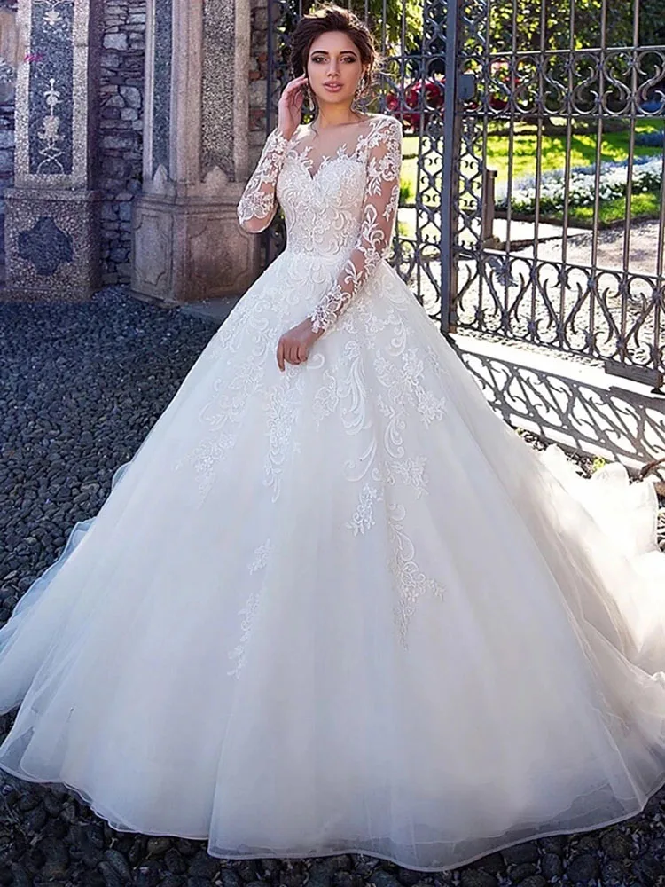 Ball Gown Wedding Dresses Lace Tulle Round Neck Court Train Long Sleeve with Appliques Bridal Dress 2020 | Свадьбы и торжества