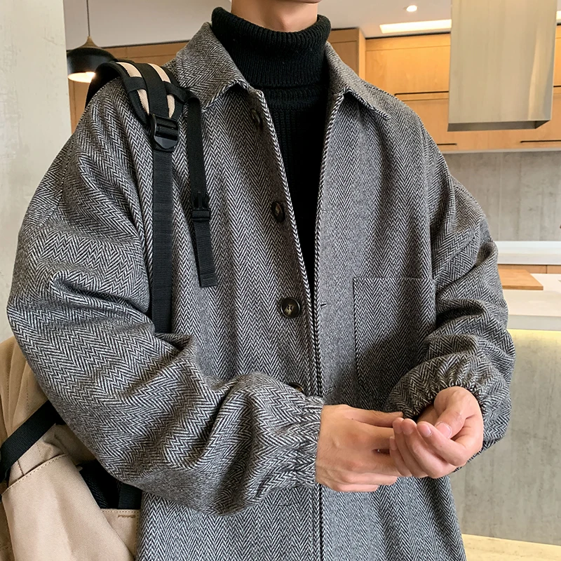 Шерстяное пальто для осени и зимы, мужское повседневное полосатое шерстяное пальто, мужское толстое модное пальто в стиле хип-хоп, толстое теплое шерстяное пальто