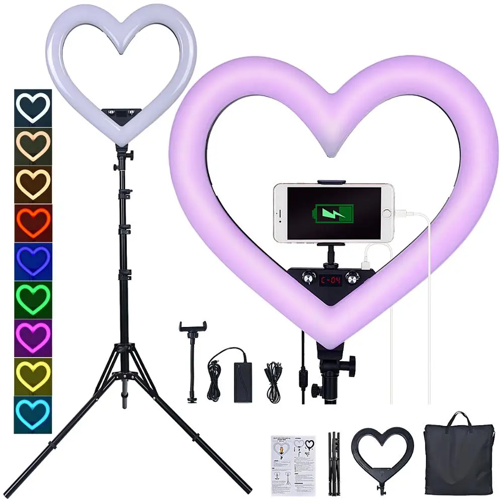 FOSOTO 19 inch Led RGB Ring Light Hearted shape Photographic Lighting 3200K-5600K Ring lamp With Tripod For Phone Youtube Makeup