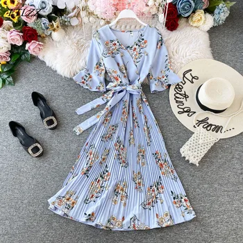 

FTLZZ V Neck Floral Print Summer Bandage Dress Midi Long Chiffon Party Women Casual Elegant Pleated Beach Holiday Dresses